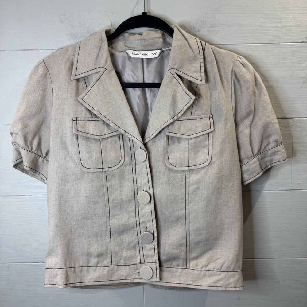 Mandarin Blue | Women's Gray Short Linen Button Front Top Size Small